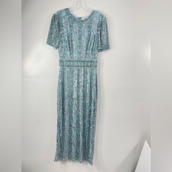 Mac Duggal 5980 Size 8 High Neck Crystal Fringe French Blue Beaded Column Dress - Picture 3 of 13